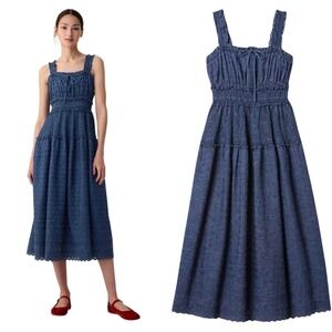 GAP DOEN Eyelet Tiered Midi Dress Chambray Blue Cotton Embroidered Boho Summer M